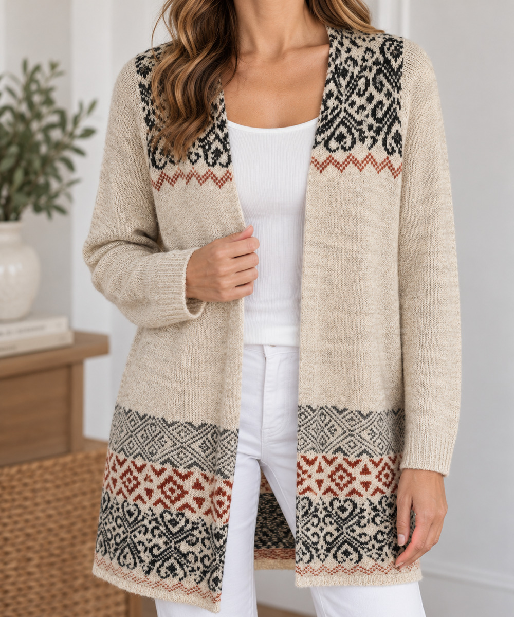 One World Womens Aztec Cardigan Size M Cream Long Line Open Front Boho Western